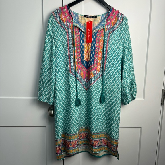 Urban Coco Women Bohemian Neck Tie Printed Shift Dress Turquoise Size Large NWT - Picture 1 of 9